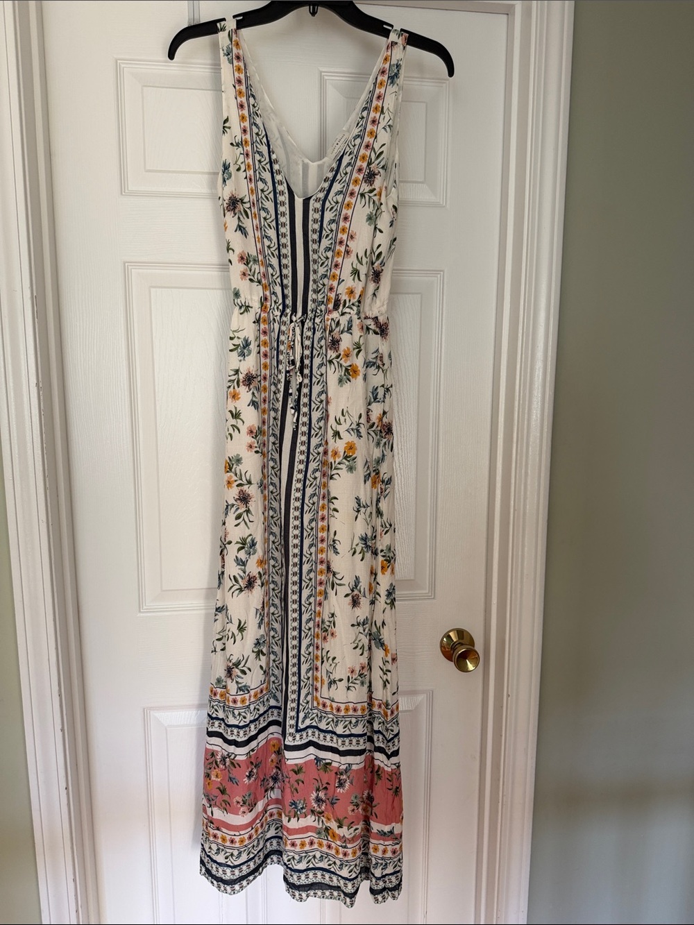 Lucky Brand White Floral Maxi Dress with Pink Hem and Navy Trim